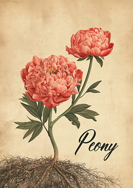 Vintage Peony Botanical Illustration
