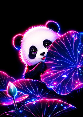 Cute Panda Peeking Behind Neon Lotus Leaves