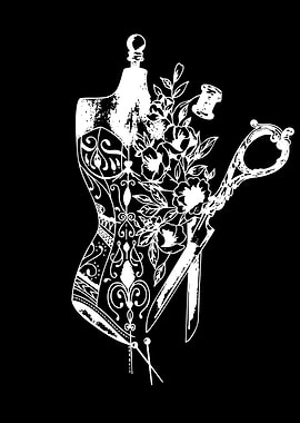 Sewing Mannequin with Flowers and Scissors