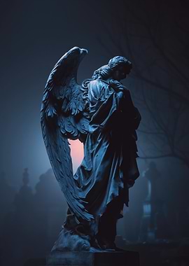 Angel Statue in Foggy Cemetery