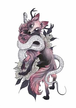 Mythical Fox and Snake Illustration