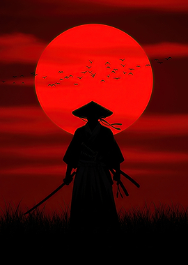 Samurai Silhouette Against Red Sun