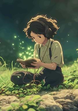 Anime girl reading with headphones