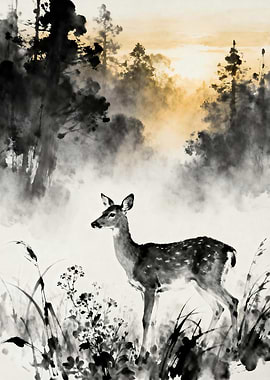 Deer in a Misty Forest