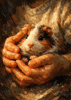 Guinea Pig Poster, Cozy Animal Painting Wall Art, Warm Impressionist Pet Print