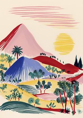 Vibrant Landscape Painting with Mountains and Sun