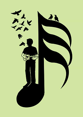 Man playing ukulele with birds and music note - Ukulele - thirty second note