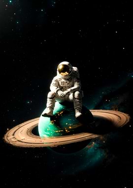 Astronaut Sitting on a Ringed Planet