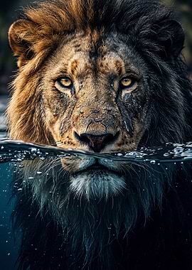 Lion emerging from water