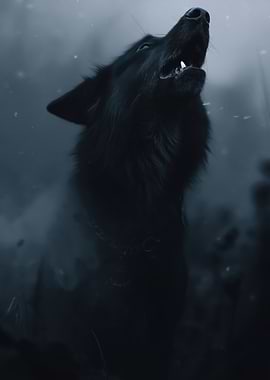 Black wolf howling in fog