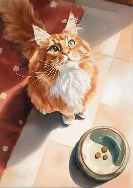Orange Cat Looking Up at Food Bowl