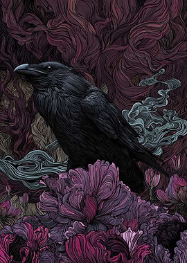 Raven Perched Among Dark Flowers
