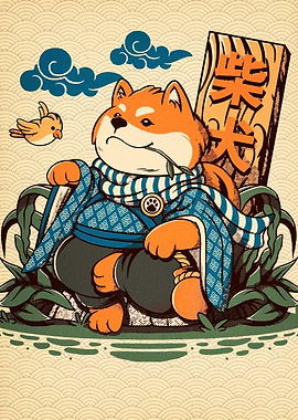 Shiba Inu in Kimono with Bird