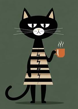 Grumpy Black Cat with Coffee