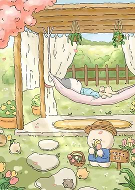 Cute Characters Enjoying a Garden Picnic