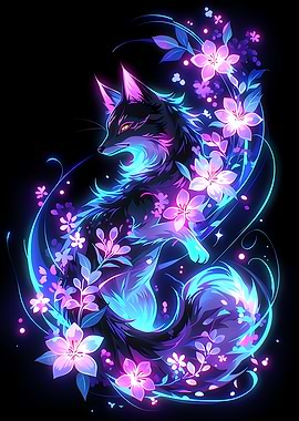 Neon Fox with Flowers