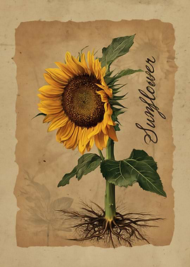 Vintage Sunflower Illustration with Roots