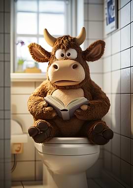 Funny Cow Reading on Toilet