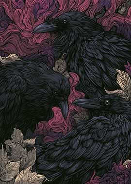 Three Ravens Amidst Floral Elements