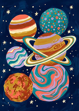 Colorful Planets in Outer Retro Space Wall Art