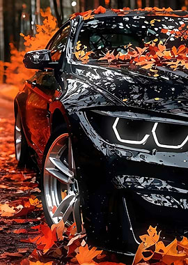 Black car in autumn leaves