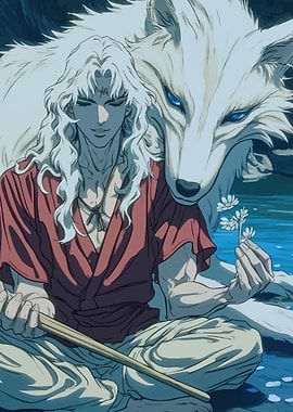 Man and White Wolf by Water