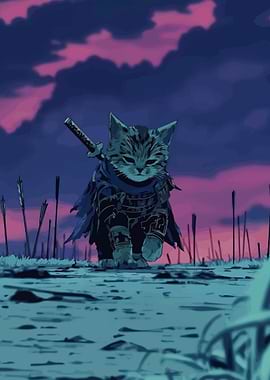 Samurai Cat in a Battlefield