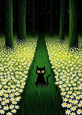 Black Cat in a Daisy Field