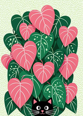 Black Cat Peeking Through Pink and Green Leaves