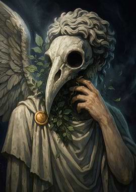 Plague Doctor Angel Statue with Leaves