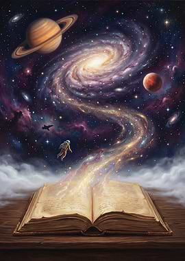 Astronaut Emerging from a Book into Space