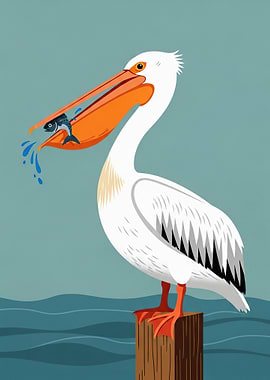 Pelican with fish on a post