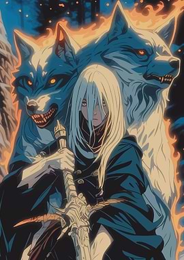 Anime Girl with Fiery Wolves