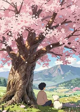 Boy and Dog Under Cherry Blossom Tree