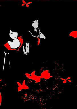 Two girls with red butterflies