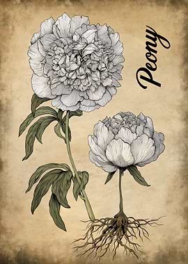 Vintage Peony Illustration with Roots