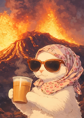 Cat enjoying coffee during volcanic eruption