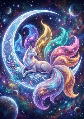 Cosmic Nine-Tailed Fox on Crescent Moon