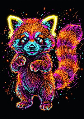 Standing Neon Red Panda Art