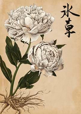 White Peonies with Roots and Chinese Text