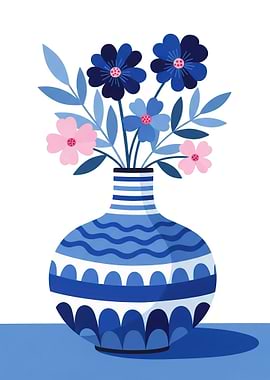 Blue and Pink Flowers in a Blue Vase