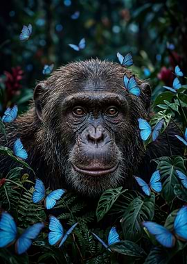 Chimpanzee surrounded by blue butterflies