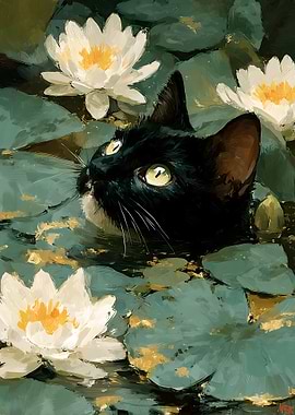 Black Cat Among Water Lilies