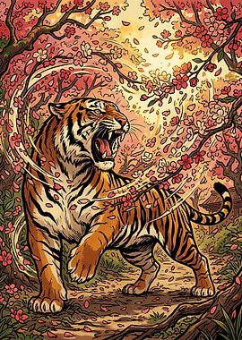 Tiger in japanesse jungle with Cherry Blossoms Design