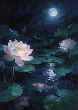 Moonlit Koi Pond with Lotus Flowers
