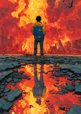 Boy in a destroyed city