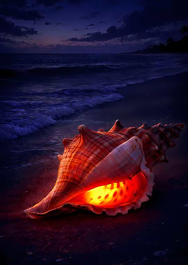 Glowing Seashell on a Beach at Dusk