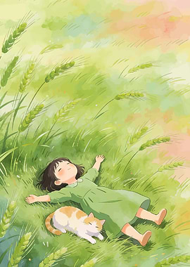 Girl and Cat in a Wheat Field