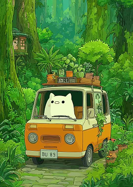 Cute Cat Driving Van Through Lush Forest