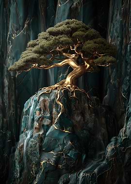 Golden Bonsai Tree on Rocky Outcrop